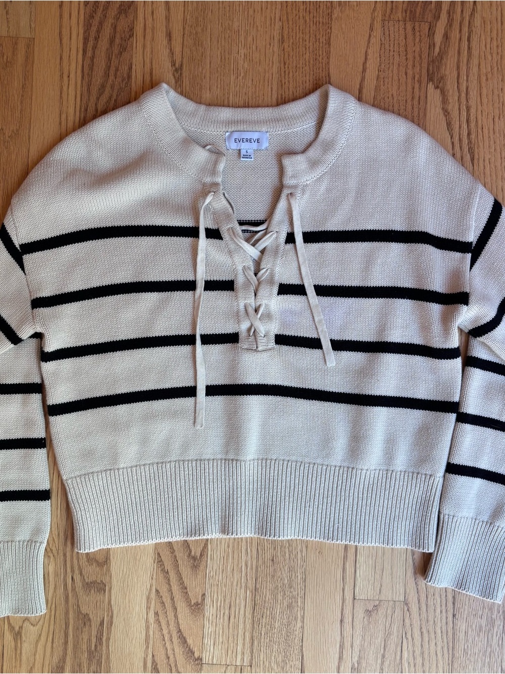 Evereve Lace Up Sweater Cream and Black Stripe S